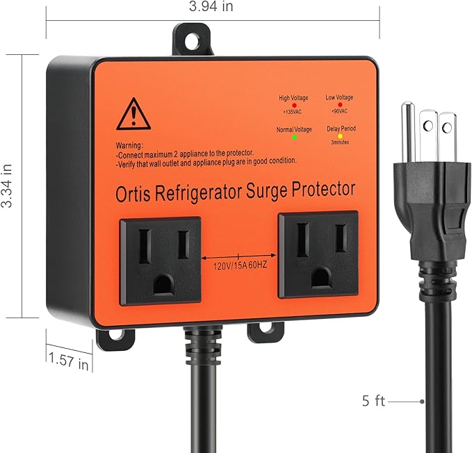 Refrigerator Surge Protector, Ortis Double Outlet Voltage Protector for Home Appliances with Time Delay, 5ft Power Cord, Protects Against Brownout, Spike, Instant Surge All Voltage Abnormalities