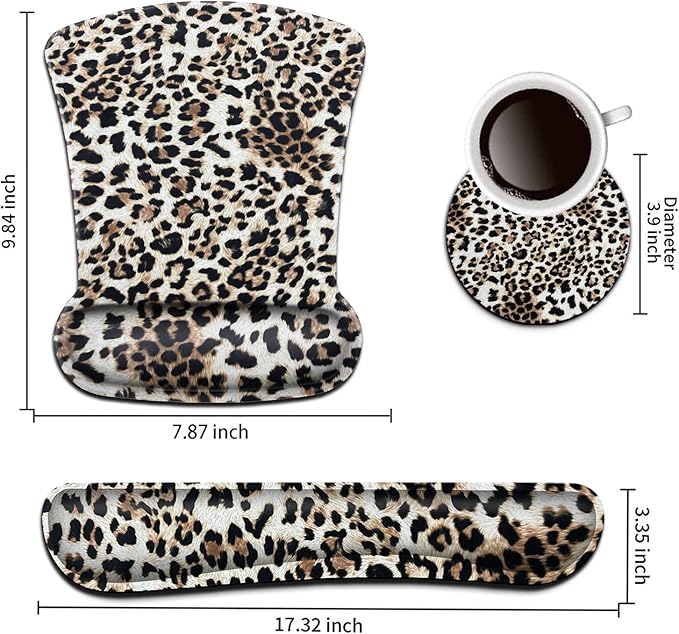 Keyboard Wrist Rest Pad and Ergonomic Mouse Pad Wrist Support Set Leopard for Gaming, Office, Comfortable and Pain Relief with Coaster Set
