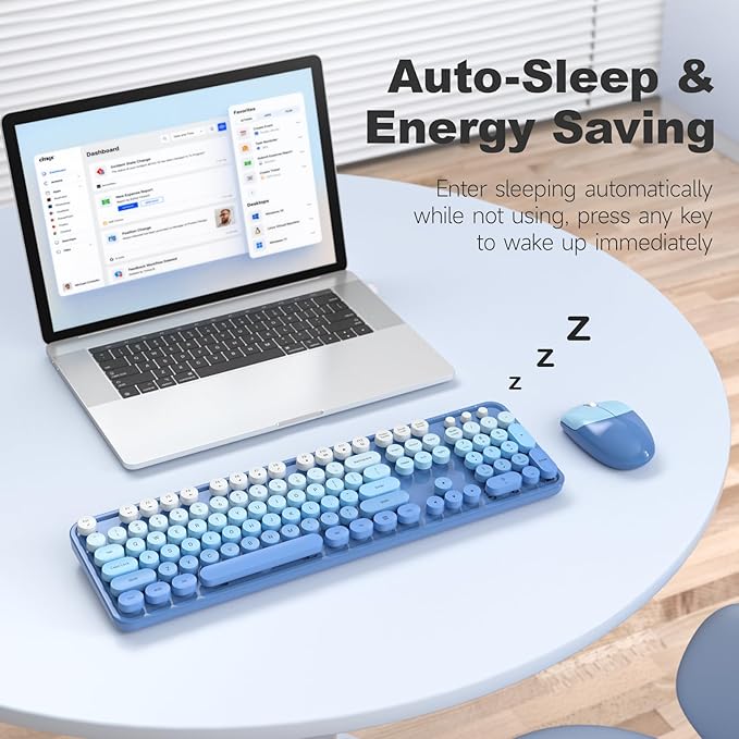 Wireless Keyboards and Mouse Combos, SQMD Colorful Typewriter Keyboard with Round Keycaps, 2.4GHz USB Retro Wireless Keyboard Mouse for PC, Desktop, Laptop and Computer-Blue Gradient