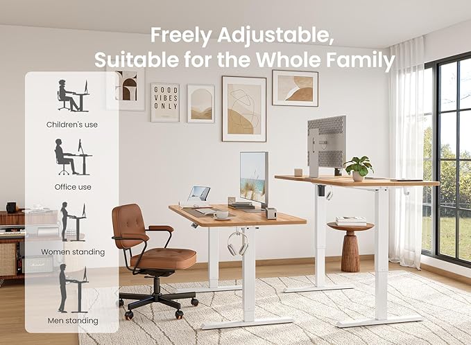 BANTI 55 × 24 Inches Standing Desk, Ergonomic, Electric Height Adjustable, Sit and Stand Up, Computer Office Desk with Splice Board, White Frame/Light Rustic Top