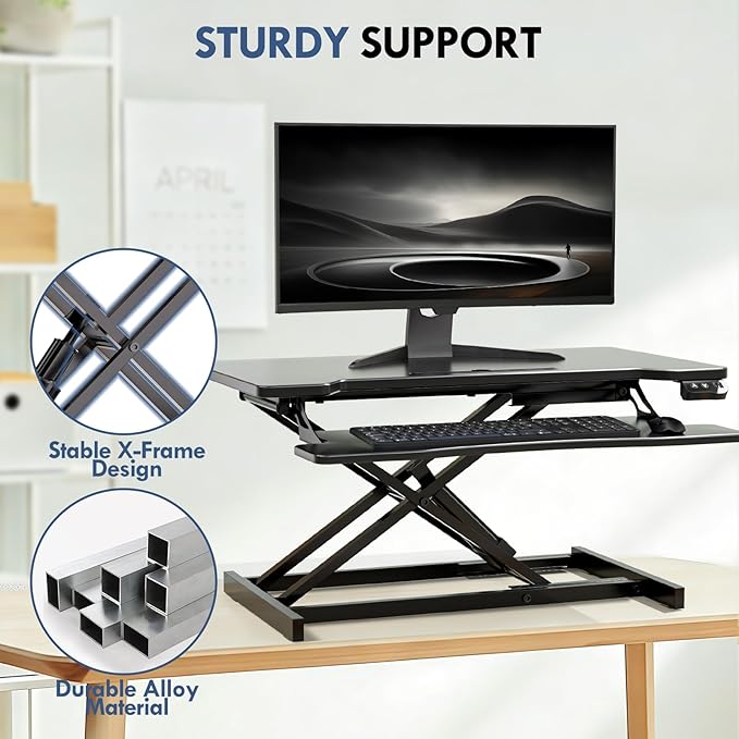 32" Electric Standing Desk Converter, Height Adjustable Sit to Stand Up Desk Riser with Large Keyboard Tray, Dual Monitor and Laptop Motorized Desktop Workstation for Home & Office, Black