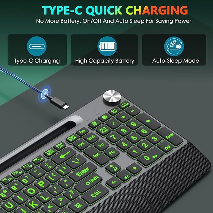 JOYACCESS Large Print Backlit Wireless Keyboard,2.4G Full Size Ergonomic Keyboard with Wrist Rest, 7-Color Light up and Oversiez Letter for Computer Laptop Windows-Black