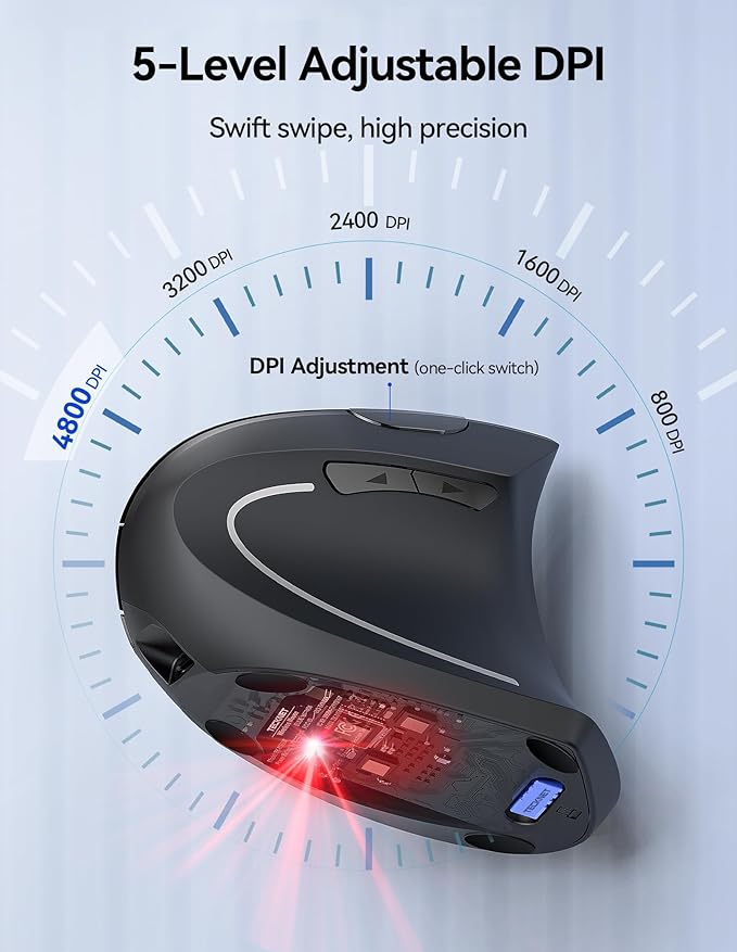 TECKNET Ergonomic Mouse, Wireless Rechargeable Vertical Mouse for Carpal Tunnel Right Hand, 4800 DPI 5 Adjustable Levels 2.4GHz with USB-A Receiver, Silent Click, for Laptop, PC, Desktop (Not USB-C)