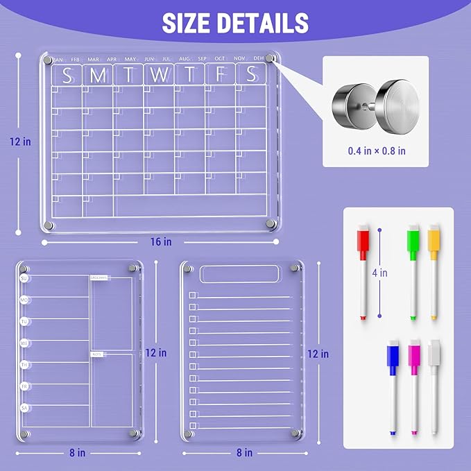 3 Pack Magnetic Acrylic Dry Erase Boards for Fridge – Monthly Calendar, Weekly Planner, to-Do List, Clear Reusable Whiteboard Set with 6 Color Markers for Refrigerator Organization