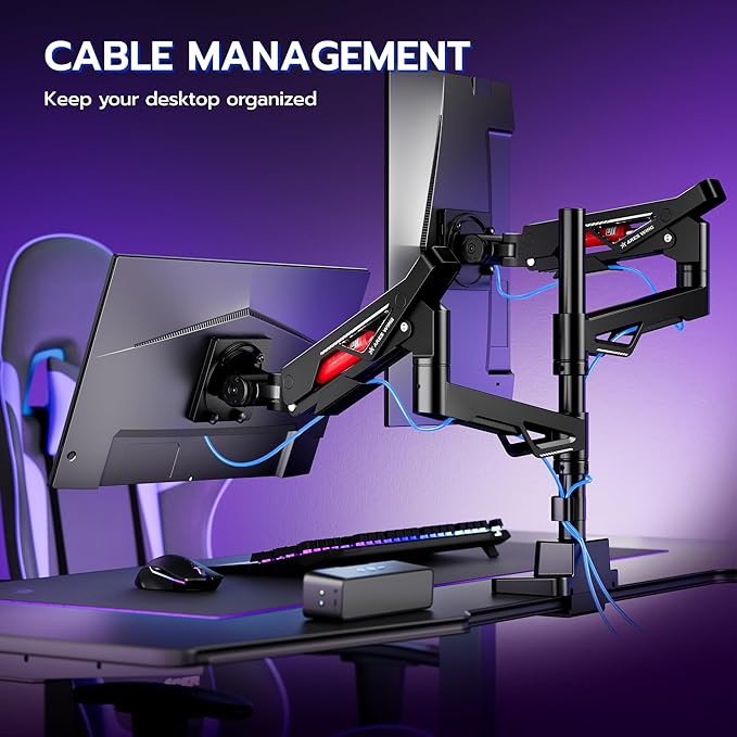 ARES WING Premium Monitor Arm, Ultrawide Monitor Stand up to 57'' and 60 Lbs per Screen, Heavy Duty Gas Sprinq Dual Monitor Mount Adjustable Arms, Various VESA Mount with Clamp/Grommet Base