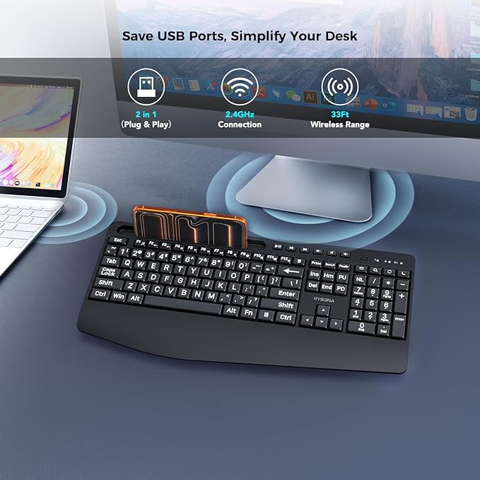 KYSONA Large Print Wireless Keyboard, Full Size Cordless Computer Keyboard with Phone Holder, Palm Rest, Ergonomic Tilt Angle, 2.4G Plug-and-Play, Compatible with Tablet/Windows/Laptop/PC, Black