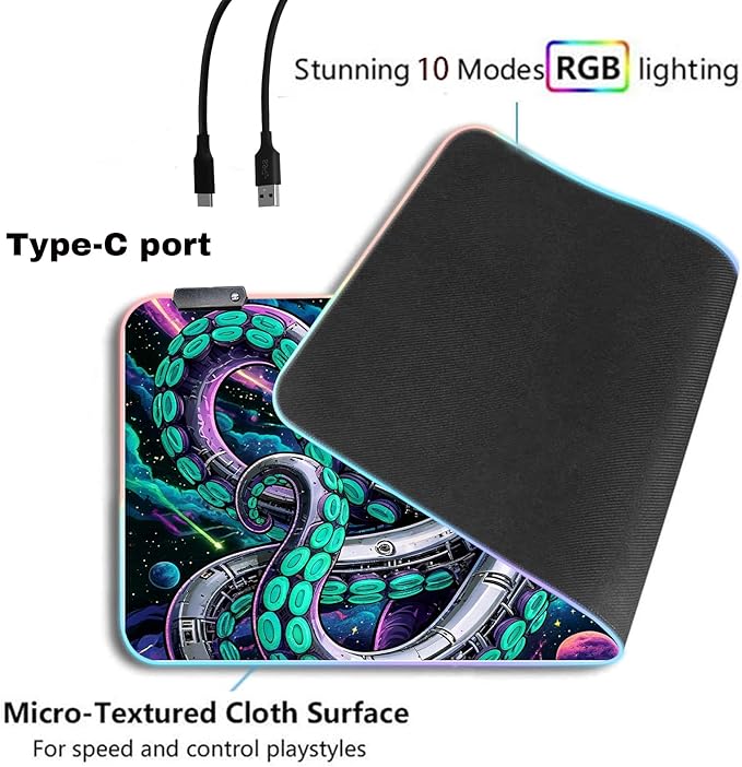 Cyberpunk Mechanical Octopus RGB Gaming Mouse Pad – 31.5"x11.8" XL LED Desk Mat with Neon Space Kraken Design, Upgraded Type-C Powered for PC & Laptop Setup