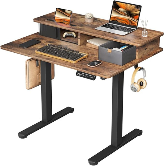JOY worker Small Electric Standing Desk, 35" x 25" Height Adjustable Desk with Built-in Monitor Stand & Storage Drawer, Sit Stand Desk with 2 Hooks for Home Office, Rustic Brown