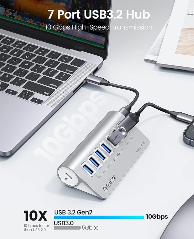 ORICO Powered USB Hub 10Gbps, 7 Port USB 3.2 Gen 2 Hub with 7 USB 3.2 Data Ports, 5V 3A Power Supply Interface, 1.64Ft USB C to C Cable and USB-A Adapter, Aluminum USB Data Hub for Laptop