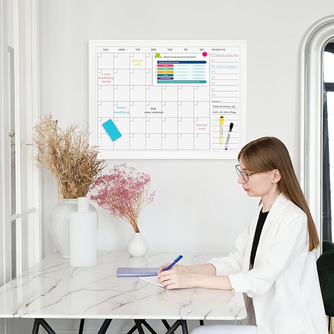 DOLLAR BOSS Magnetic White Board Calendar 24''x 18'', Monthly Dry Erase Planner for Wall with White Wood Style Frame for Office, School, Dorm, Home Decor