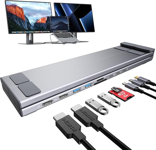 USB C Laptop Docking Station Stand, Dual Monitor 4K@60Hz, 9 in 1 USB C Hub with 2 HDMI, 2 USB 3.0, PD 100W, Universal Dock Station for MacBook Pro/Air/Dell/HP/Surface/Lenovo