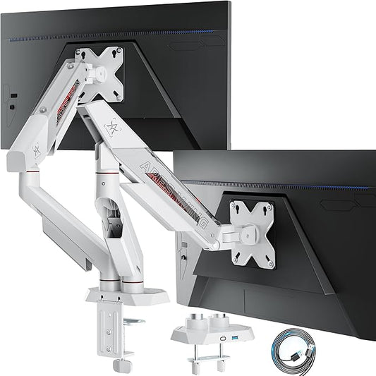 ARES WING Heavy Duty Dual Monitor Arm, Fully Adjustable Monitor Mount for 17-35 Inch Flat Curved Ultrawide Screens Up to 26.5lbs with USB A/C, C-Clamp & Grommet Base, 75/100 Vesa Mount, White