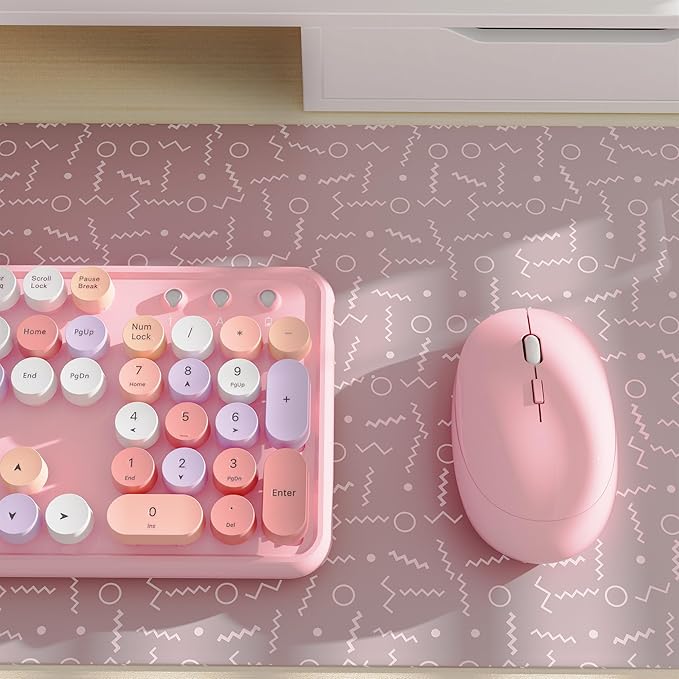 x UBOTIE Colorful Wireless Keyboard and Mouse Combo, Full-Sized Office Keyboard with Typewriter Flexible Keys, 2.4GHz Dropout-Free Connection, Optical Mouse for PC Laptop((Pink Colorful)