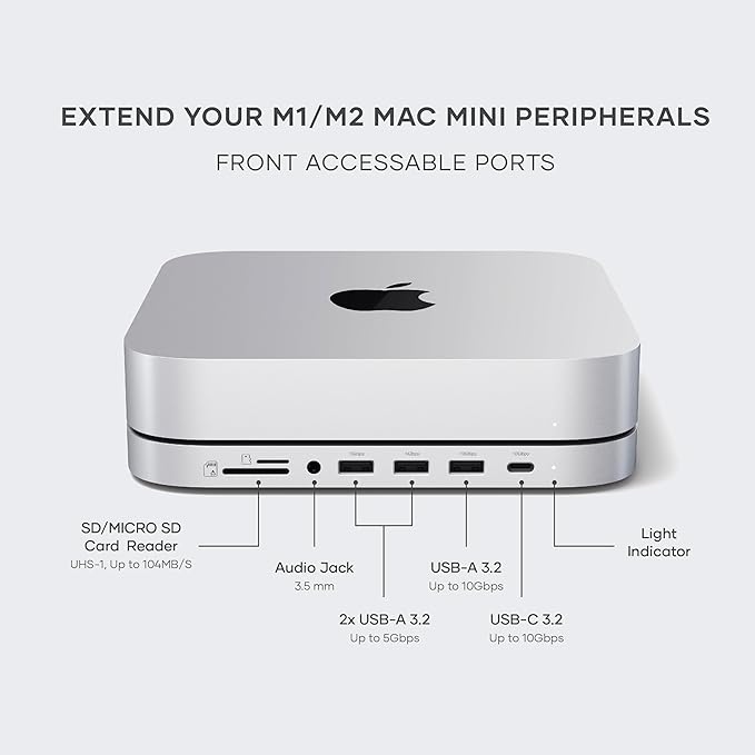 Satechi Mac mini Hub & Stand with SSD Enclosure for NVME/SATA M.2, Mac mini Dock with USB C 10Gbps, 3 USB A 5/10Gbps, 2.0 Audio Jack, for Mac Studio, Mac mini M2/M1 (Not Compatible with M4) - Silver