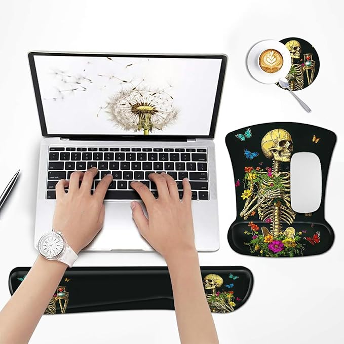 Ergonomic Mouse Pad with Wrist Support Gel Mousepads and Upgrade Keyboard Wrist Rest Pad Set, Coasters Non-Slip PU Base Mouse Mat for Office Gaming Computer Laptop, Flower Butterfly Skull