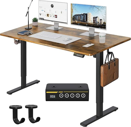 Large Electric Standing Desk,55x28 Inches Adjustable Height Stand up Desk, Sit Stand Home Office Desk, 3 Preset Heights,Equipped with Hooks,Ergonomic Computer Desk Workstation，Brown