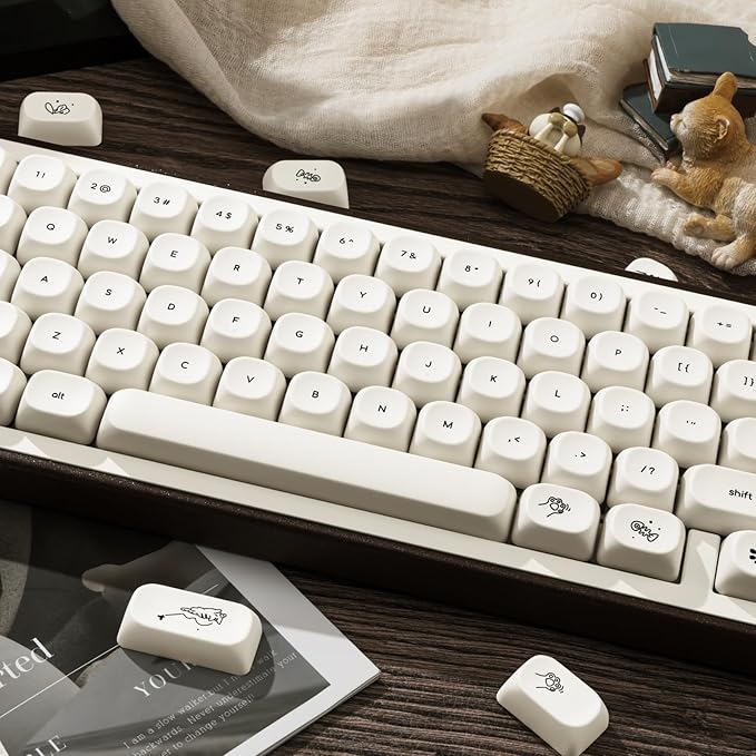 PBT Keycaps Set 124 Keys, Minimalist Style Custom White Cat Keyboard Dye-Sublimation MOA Profile Keycaps 60 65 75 100 Percent
