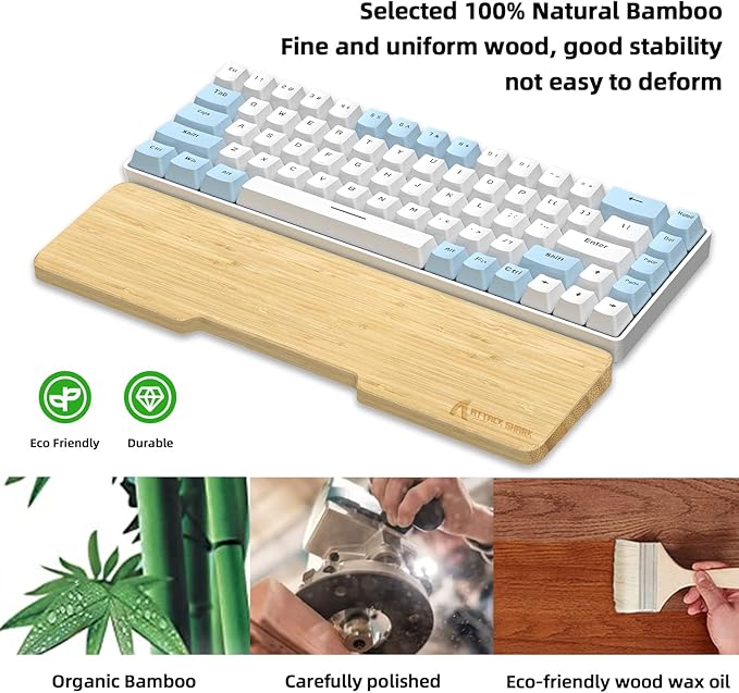 ATTACK SHARK Bamboo Wrist Rest for Computer Keyboard，Ergonomic Hard Palm Rest for Comfortable Typing Pain Relief，Anti-Slip Wrist Support for Office, Gaming, Laptop (68Key)