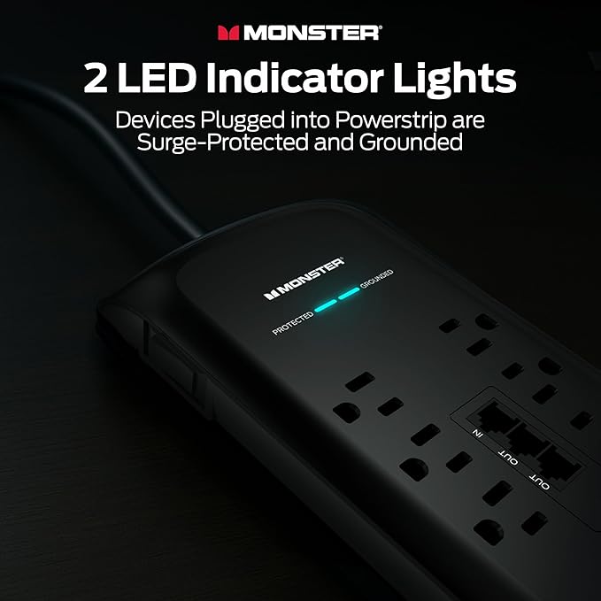Monster Power Surge Protector w/ 4,050 Jules Rating — Heavy Duty Power Strips with Surge Protection, 8 Outlets, USB-A & USB-C, 2 Coax, 5 Ethernet Ports, Fireproof MOV, Dual Mode (6FT Cord, Black)