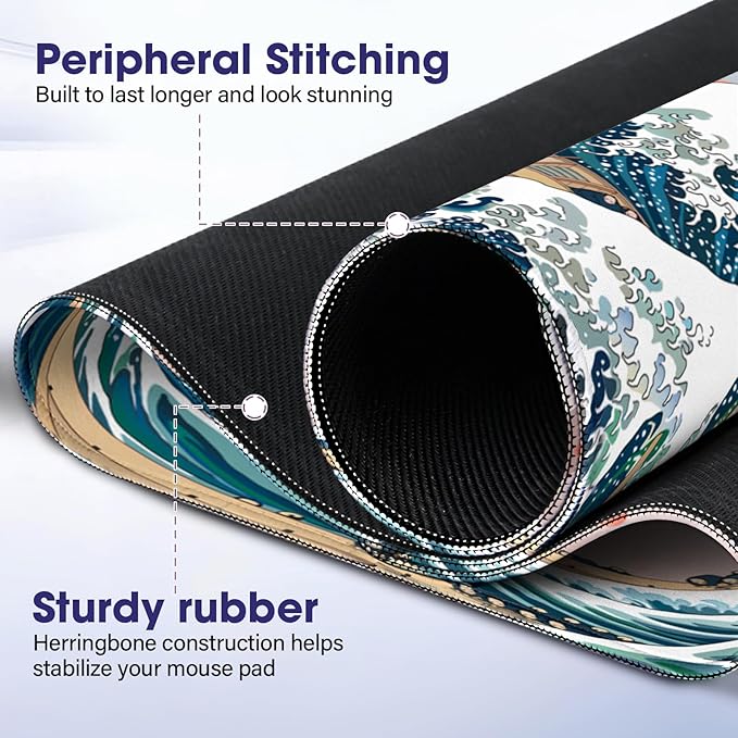 Japanese Sea Wave Large Gaming Mouse Pad – 31.5" x 15.7" Full Desk Mat, Non-Slip Rubber Base, Stitched Edges, Waterproof Durable Surface for Esports, Office, Home
