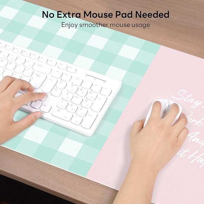 Checkered Pattern Desk Pad Protector, 35.5 x 13'' Aesthetic Mouse Mat for Desktop, Waterproof PU Leathe Non-Slip Desk Writing Pad for Office and Home, Blue-Green Pink