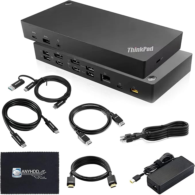 40AF0135US Lenovo Docking Station Dual Monitor Hybrid USB-C with USB-A - 1 Year Warranty, Thinkpad Dock w/ 135W Adapter, ANYHDD HDMI, DisplayPort, USB-C Cables, Cloth - Lenovo Laptop Docking Station