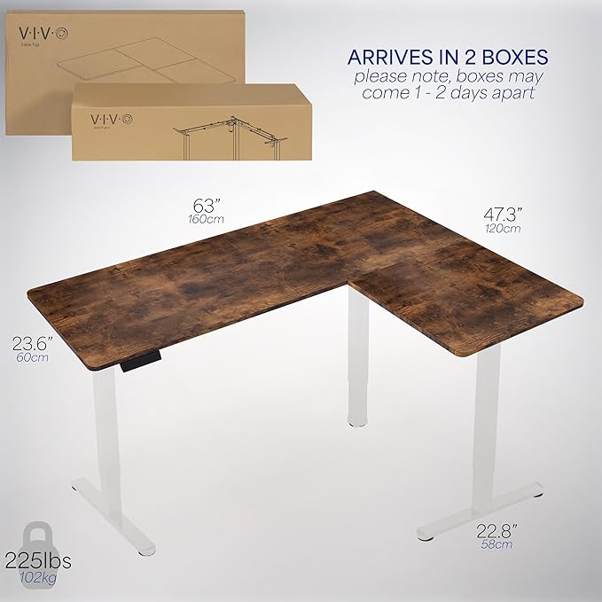 VIVO Corner Standing Desk, 63 x 47 inch Reversible L-Shaped Workstation, Electric Height Adjustment, Home, Office, and Reception Rooms, Rustic Vintage Brown Table Top White Frame, DESK-E3CTWN-47