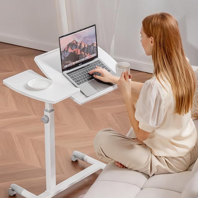 GTPLAYER Mobile Small Standing Desk, Tiltable Sit Stand Portable Rolling Laptop Desk with Lockable Wheels, Adjustable Height Overbed Bedside Table Computer Workstations, White