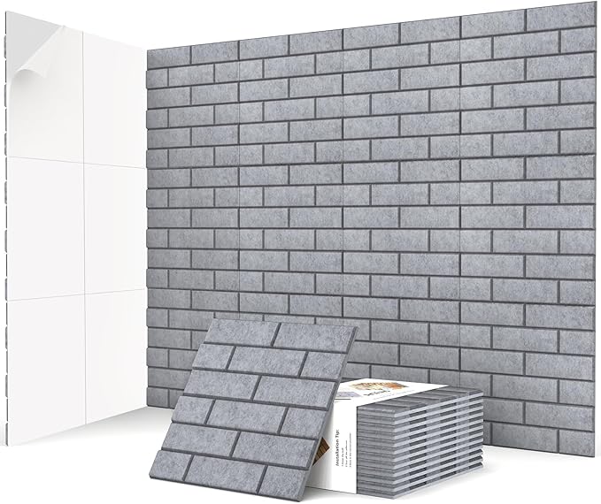 12Pack Acoustic Wall Panels, Self-Adhesive 3D Brick Pattern Sound Proof Panels for Walls, High Density Decorative Acoustic Foam Sound Proofing for Recording Studios, Offices, Home, 12"×12"×0.4", Grey
