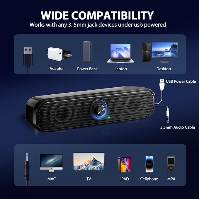 1Mii Computer Speakers for Desktop Laptop Tablet, USB Powered PC Speakers, Small Speakers Wired with Volume Control for Cellphone Pad MP3, Stereo Sound with 3.5mm Audio Plug for Windows Mac Linux PCs