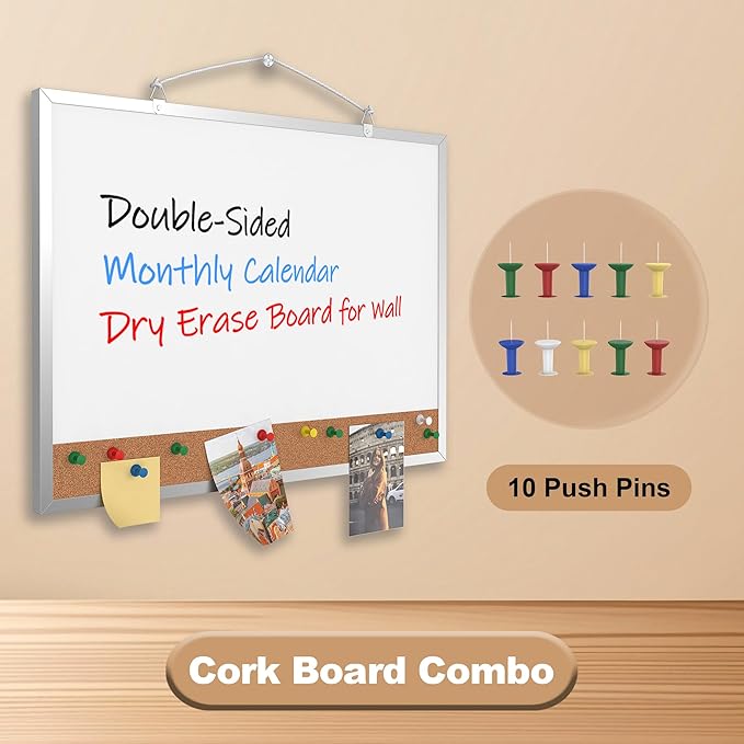 Monthly Calendar Dry Erase Board 16x12 Inch, Double-Sided Whiteboard and Corkboard Combo, Wall Mounted Planner Organizer with Markers, Magnets, Push Pins, Eraser, for Home Office School