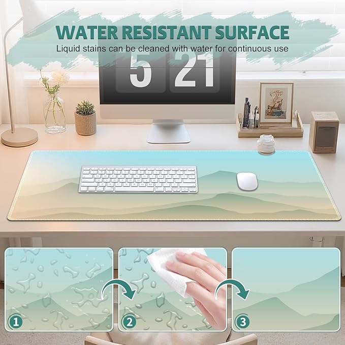 Desk Mat for Keyboard and Mouse, Large Non-Slip Mouse Pad Keyboard Pad, Computer Mats for Desktop, Cute Desk Pad with Stitched Edges for Office, Gaming I Green Mountains