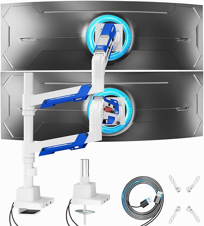 ARES WING Vertical Dual Monitor Mount - 24-57" Aluminum Heavy Duty Monitor Arms for 2 Monitors with USB A/C, Fully Adjustable Gas Spring Stacked Monitor Stand with 75/100/200 Vesa Mount, Black