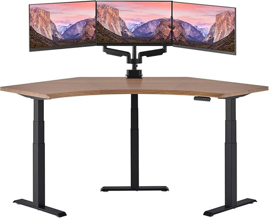 Vari Command Center Electric Standing Desk – 120° Curved Sit-Stand Gaming Desk Corner Workstation for Triple Monitors + Sloped Front Edge, 4 Height Settings, 200 lb Capacity (Walnut Top/Black Legs)