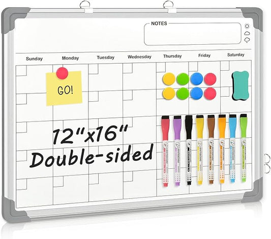 Double-Sided White Board Calendar, 16" x 12" Dry Erase Calendar Small Whiteboard Calendar for Wall Magnetic Hanging Calendar Whiteboard for Drawing, Kitchen, Planning, Memo, Home, Office
