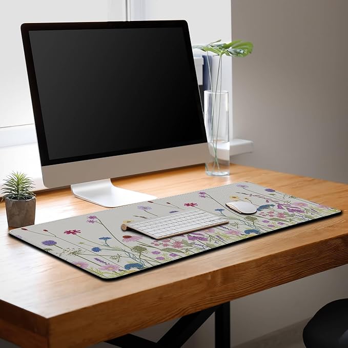 Desk Mouse Pad Flower Keyboard Mat, Mouse Pads Office Desk Pad, The Mousepad Non-Slip Rubber Base Waterproof with Stitched Edges, 35.4" X 15.7" for Work/Game/Office/Home Floral Nature Plant