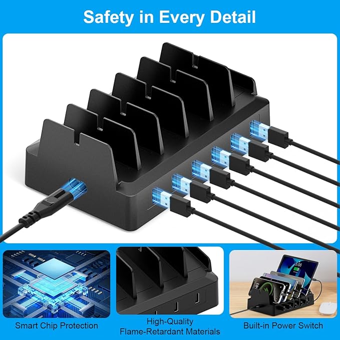 Charging Station for Multiple Devices, 6 Port USB Desktop Charger Dock Compatible with iPad, Samsung, Android, Tablet, Family Multi Phone Charging Organizer with Divider Holders, Fireproof ABS (White)