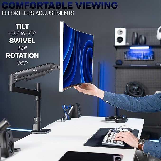 VIVO Aluminum Ultrawide Monitor Tension Stand with Extension Pole for up to 49 inch Screens, Holds 44 lbs, Premium Desk Mount Designed for Samsung Odyssey G9 and More, Black, STAND-POLE1V