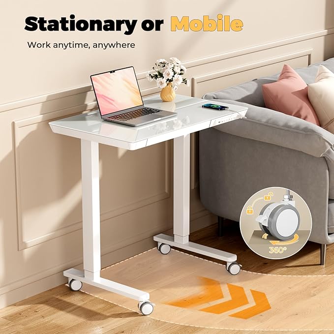 Glass Small Standing Desk with Drawer, 31.5" x 20" Whole Piece Electric Sit Stand Table, Height Adjustable Desk with Storage & USB Ports, Quick Install Home Office Computer Desk, White