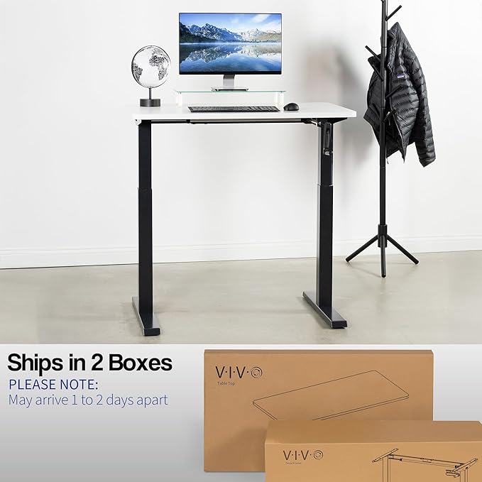 VIVO Manual Height Adjustable 43 x 24 inch Stand Up Desk, White Solid One-Piece Table Top, Black Frame, Standing Workstation with Foldable Handle, DESK-KIT-MB4W