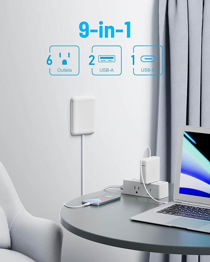 Flat Extension Cord with Outlet Cover, Flat Plug Power Strip with 6 Outlets and 3 USB Ports, 2000 Joules Surge Protector, 3 FT Cord Hidden Outlet Extender for Tight Spaces
