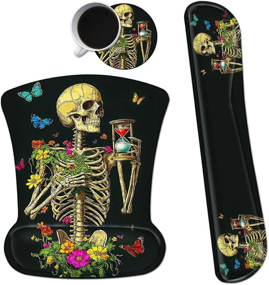 Ergonomic Mouse Pad with Wrist Support Gel Mousepads and Upgrade Keyboard Wrist Rest Pad Set, Coasters Non-Slip PU Base Mouse Mat for Office Gaming Computer Laptop, Flower Butterfly Skull