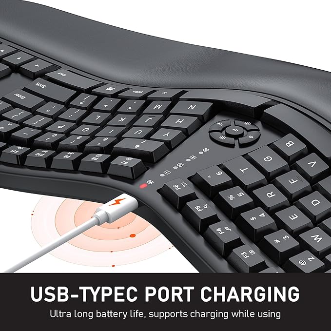 MEETION Ergonomic Keyboard Wireless, Split Curved Keyboard with Cushioned Wrist Palm Rest, 2.4G Cordless Computer keybaords, Full Size Natural Typing for Windows/Mac/Laptop/PC, Black