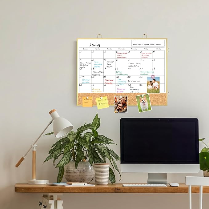 Calendar Whiteboard for Wall, 16"X12" Small Dry Erase Board Cork Board Combo, Hanging Double-Sided Magnetic White Board Monthly Calendar for Office, Kitchen, Home, Planner, Memo