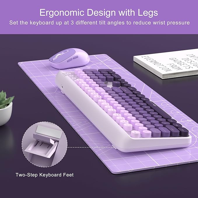 MageGee V920 Wireless Keyboard and Mouse Combo, 2.4G Full-Sized Retro Typewriter Keyboard with Round Keycaps & Auto-Sleep Mode, Cute Computer Keyboard and Cordless Optical Mouse for Laptop/PC (Purple)