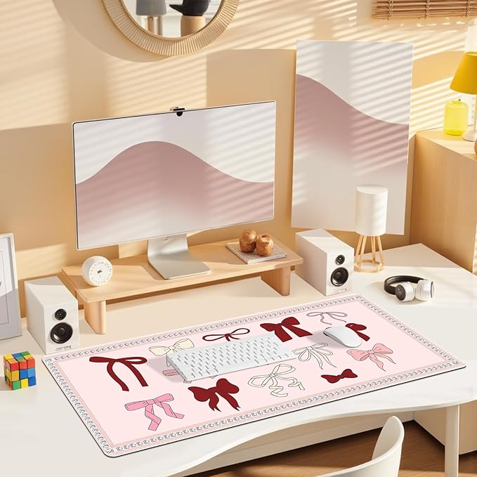 Desk Pad for Keyboard and Mouse, Large Mouse Pad for Desk, Non-Slip Keyboard Mat, Computer Mats for Desk, Desk Pad with Stitched Edges for Office, Gaming Girl Women I Cute Pink Red Bow