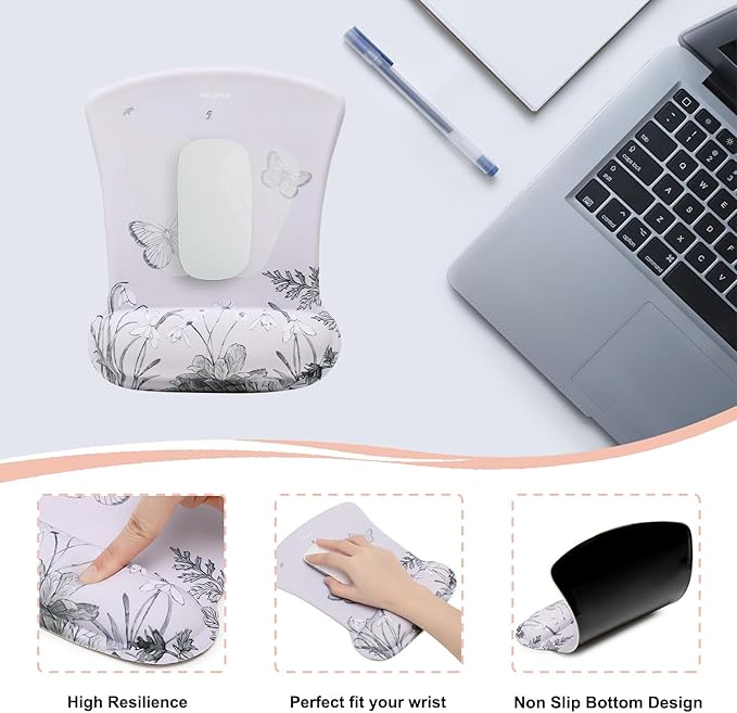 MEGREZ 4-in-1 Ergonomic Memory Foam Wrist Rest Set, Desk Pad, Mouse Pad with Wrist Rest, Keyboard Pad, Suitable for Office Workers, Programmers & Gamers–Relieve Typing & Gaming Fatigue, Green Flower