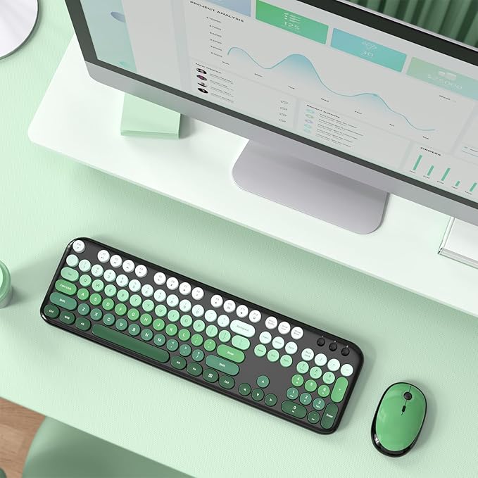 MOFII Wireless Keyboard and Mouse Combo, Cute Keyboard Full Size and Wireless Mouse, 2.4GHz Retro Typewriter Keyboard Mouse Set for PC/Desktop/Laptop/Windows (Black Green)