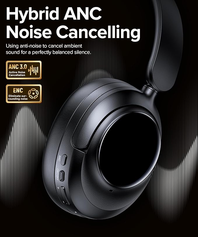 Hybrid Active Noise Cancelling Headphones,120H Playtime Bluetooth 6.0 Over Ear Headphones with Hi-Res Audio,5 ENC Mics Clear Call,HiFi Stereo Foldable Wireless Headphone Headset for Travel Office Game