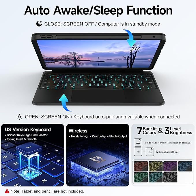 for iPad Air 13 inch M3 / M2 and iPad Pro 13 inch M4 and iPad Pro 12.9 (6th, 5th, 4th, 3rd Gen) 360° Rotatable Detachable Full Protect Magnetic Keyboard Case with Trackpad & 7 Backlits,Black